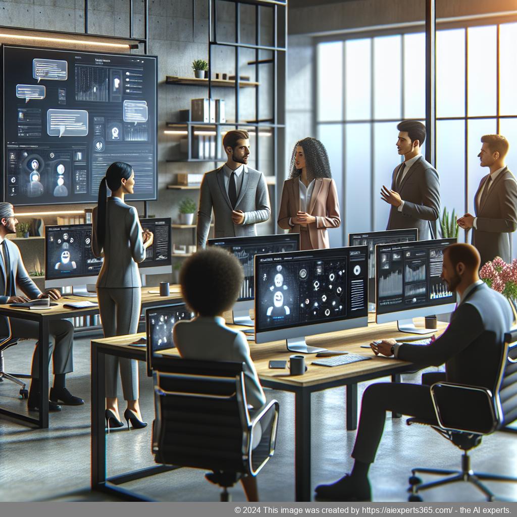 A visual representation of a modern office environment featuring a diverse team collaborating over technology solutions including chatbots.