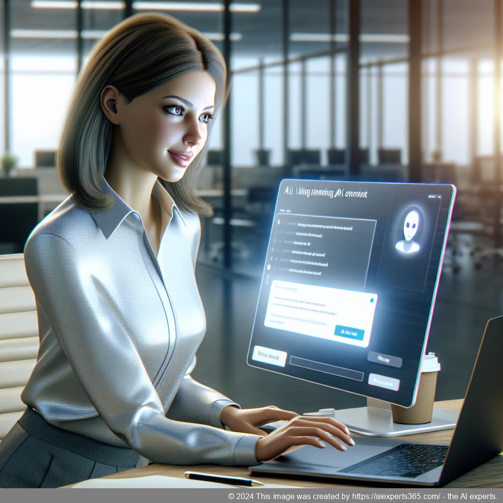 A professional setting showcasing a person interacting with a computer screen displaying a WordPress AI Chatbot interface.