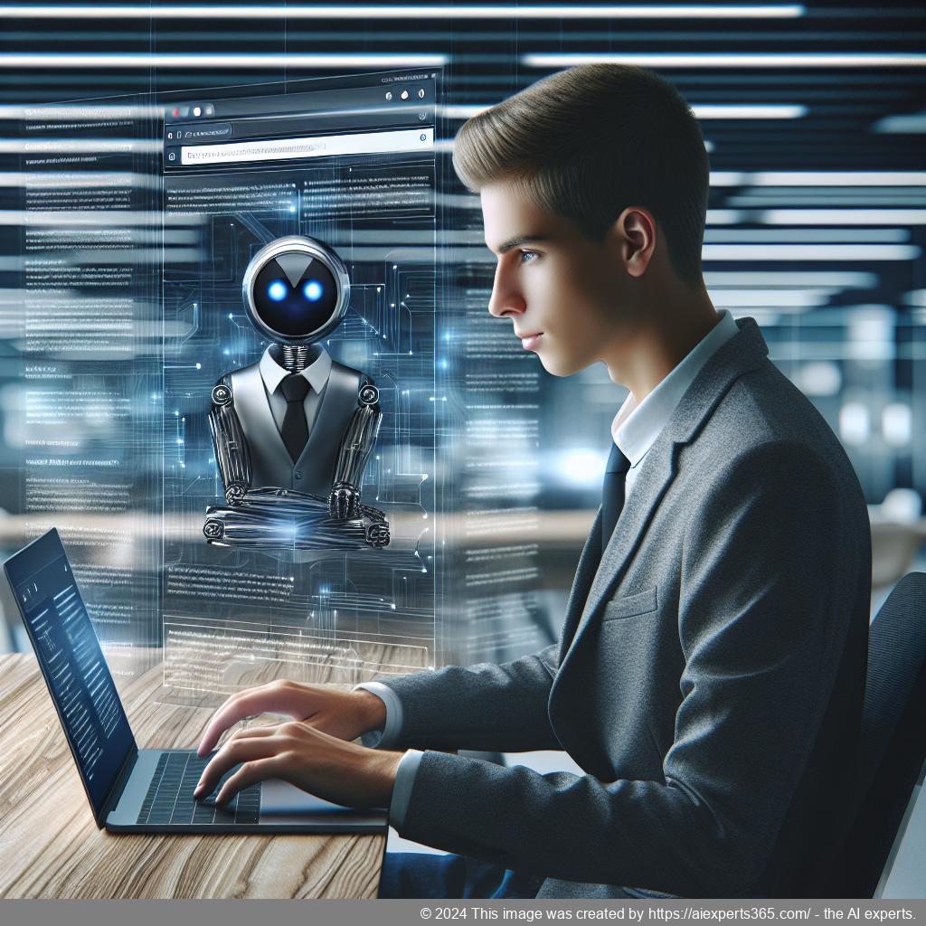 A professional setting showcasing a person interacting with a computer displaying an interface of a WordPress AI chatbot.