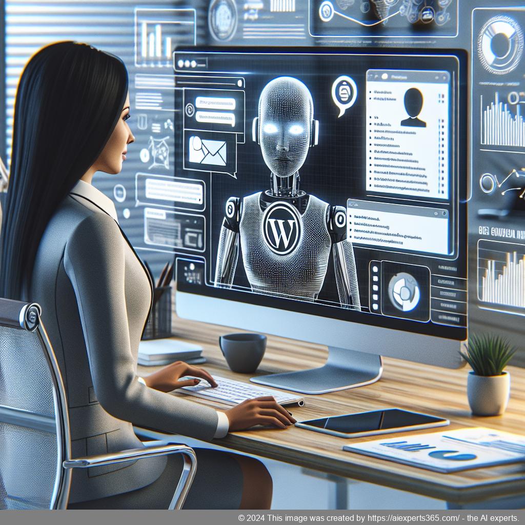 A visual representation of a professional setting where a German-speaking individual interacts with an advanced WordPress AI Chatbot on a computer screen.