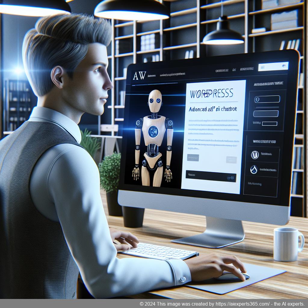 A professional-looking interface showcasing a WordPress website integrated with an advanced AI chatbot providing real-time assistance.