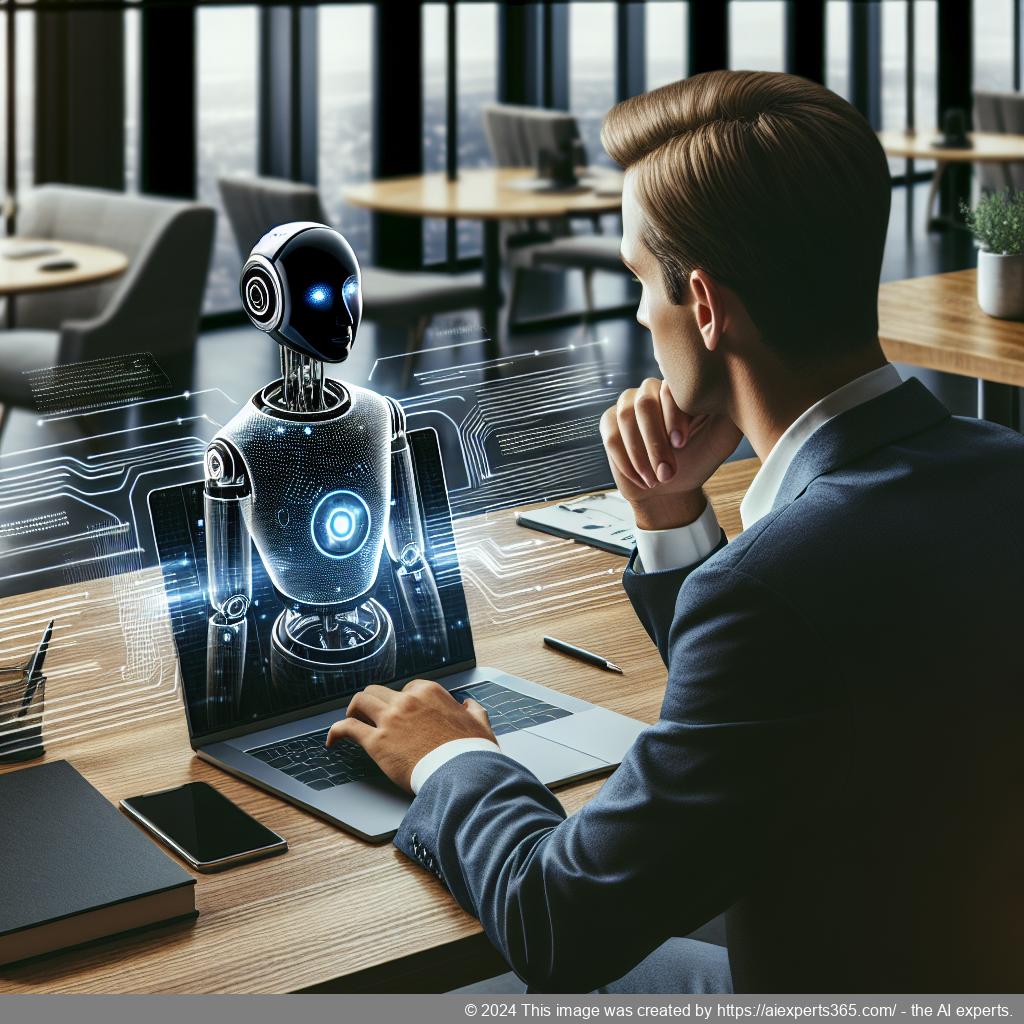 A professional setting showcasing a person interacting with an AI-powered chatbot on a laptop screen, symbolizing enhanced customer engagement through technology.