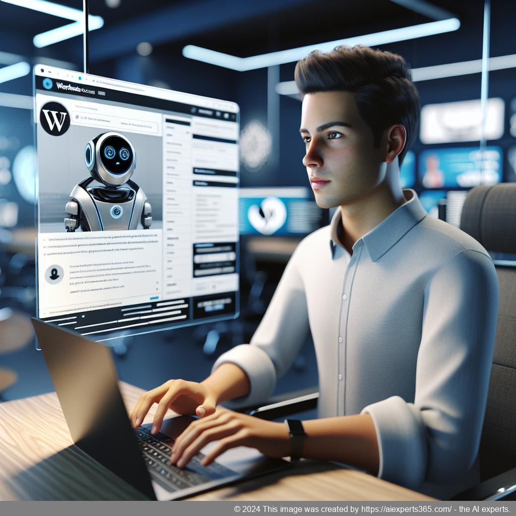 A professional setting showcasing a person interacting with a WordPress chatbot on a laptop screen, symbolizing enhanced customer engagement through technology.