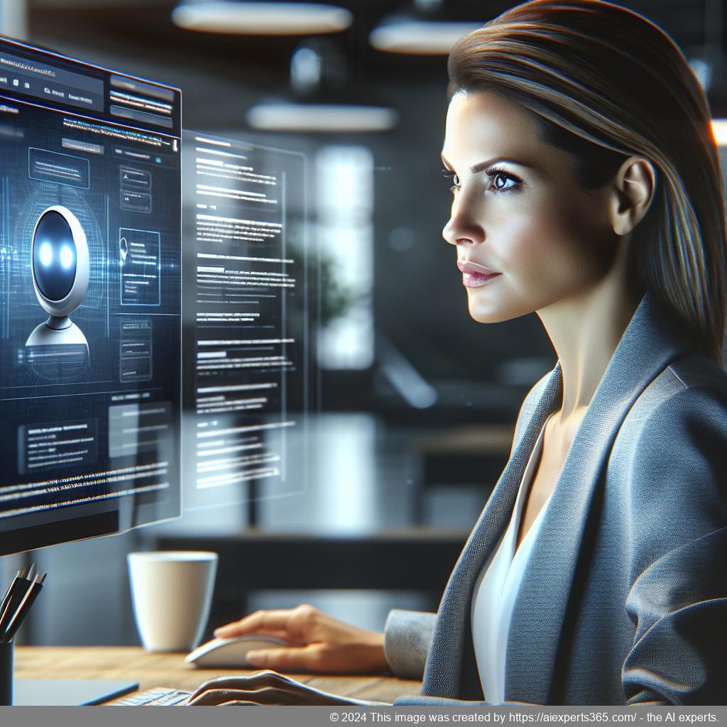 A professional-looking German businesswoman interacting with a digital interface showcasing an AI-powered WordPress chatbot plugin.