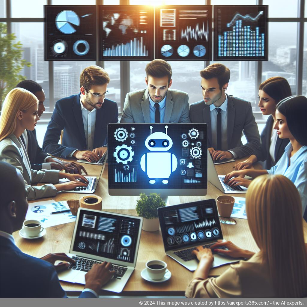 A professional setting showcasing a diverse team discussing strategies around implementing a WordPress chatbot plugin.