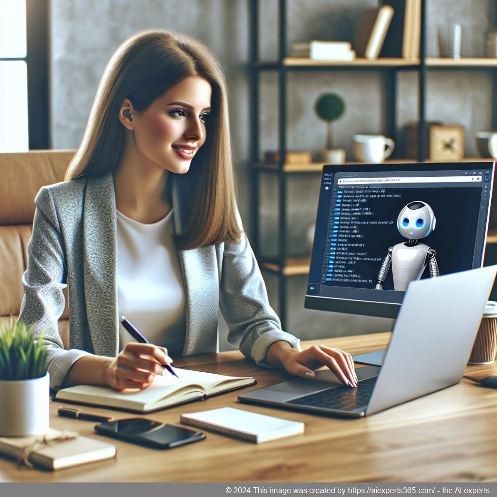 A professional-looking woman interacting with an AI-powered WordPress chatbot on her laptop.