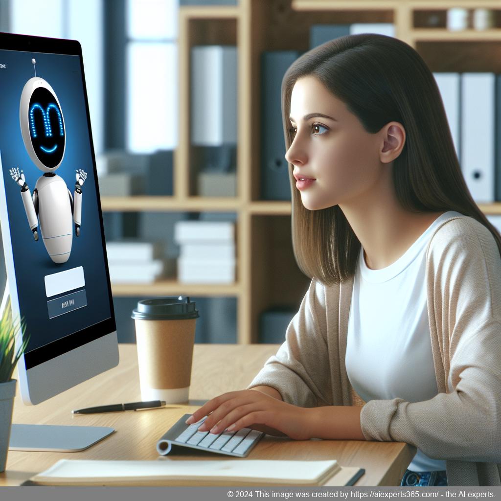 A professional setting showcasing a person interacting with a computer displaying a WordPress chatbot interface.