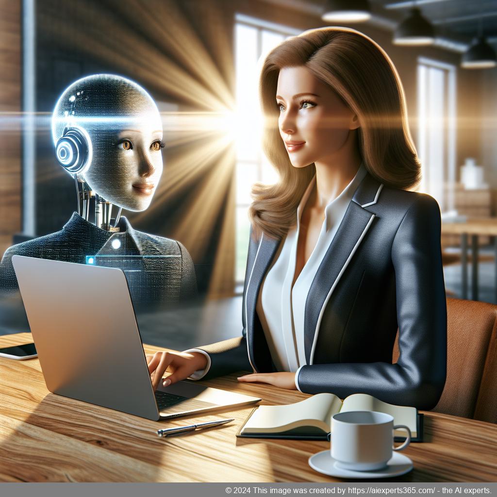 A professional setting showcasing a person interacting with an AI-driven chatbot on a laptop screen within a modern office environment.
