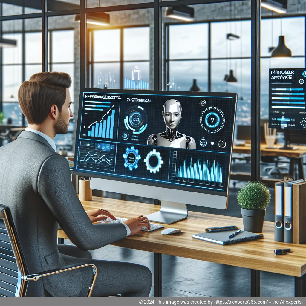 A professional setting showcasing a person interacting with a computer displaying a WordPress site integrated with an AI-driven chatbot.