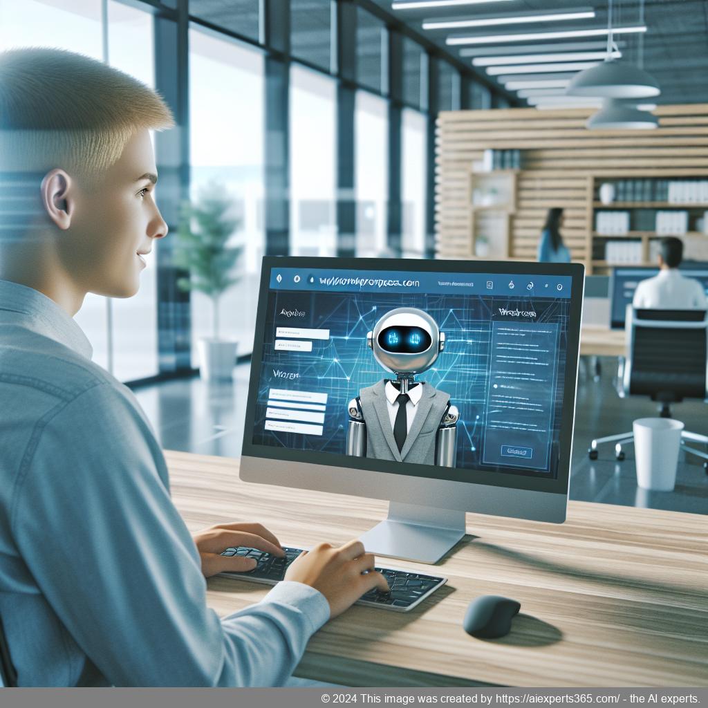 A professional setting showcasing a user interacting with a computer displaying a chatbot interface on a WordPress site.