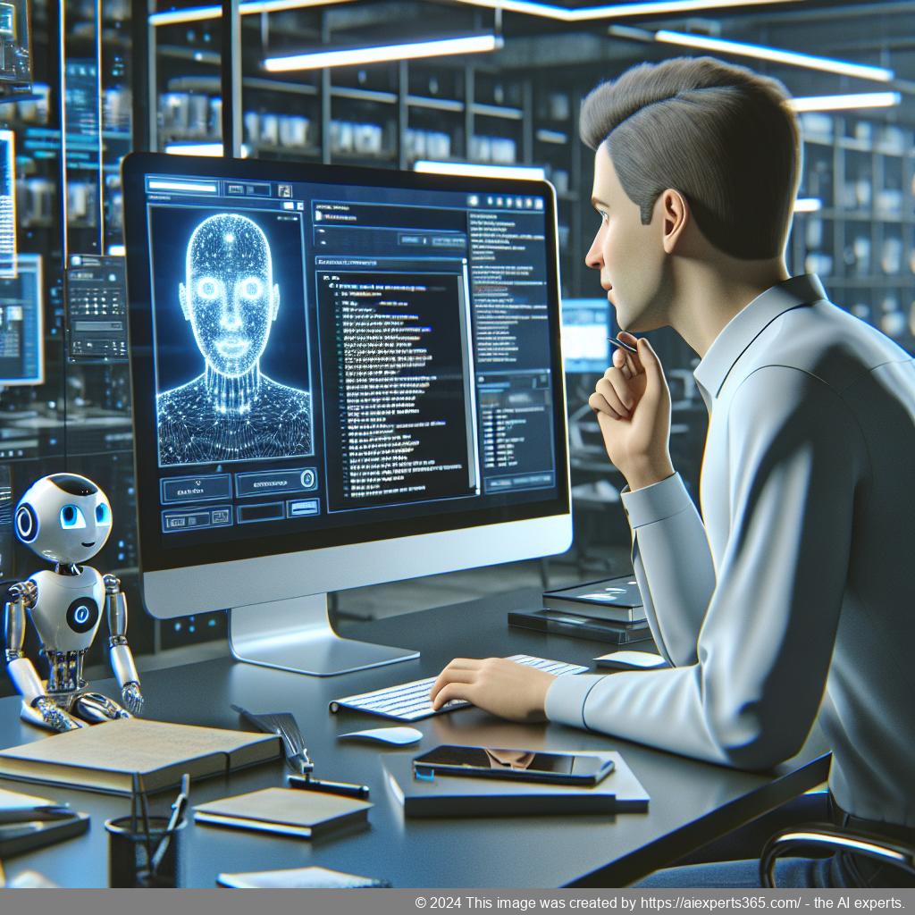 A professional setting showcasing a person interacting with a WordPress chatbot interface on a computer screen.
