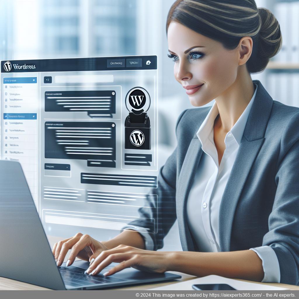 A professional-looking German woman interacting with a WordPress Chatbot interface on her laptop.