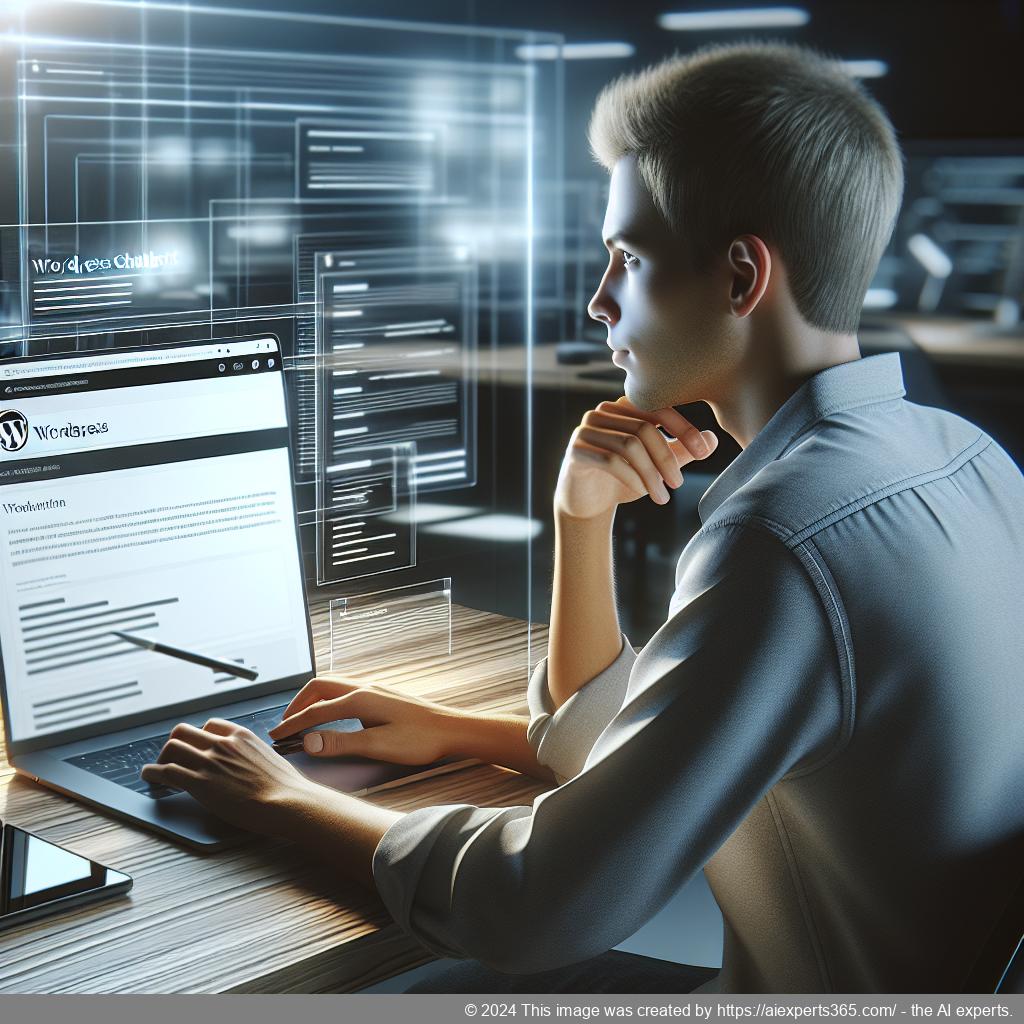 A professional setting showcasing a person interacting with a WordPress chatbot on a laptop screen.
