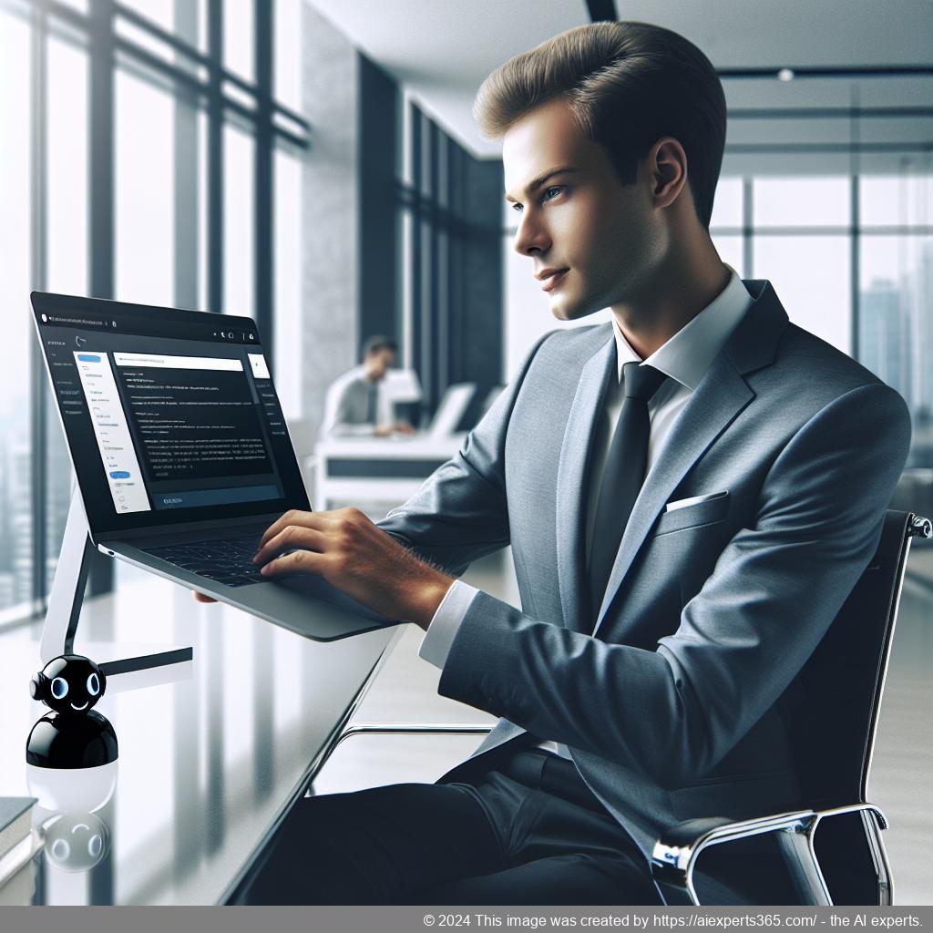 A professional setting showing a person interacting with a WordPress chatbot interface on a laptop, illustrating enhanced customer engagement.