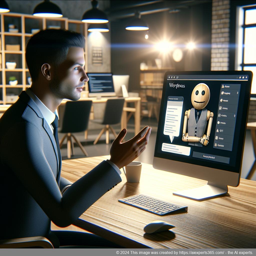 A professional-looking person interacting with a computer displaying a WordPress chatbot interface.