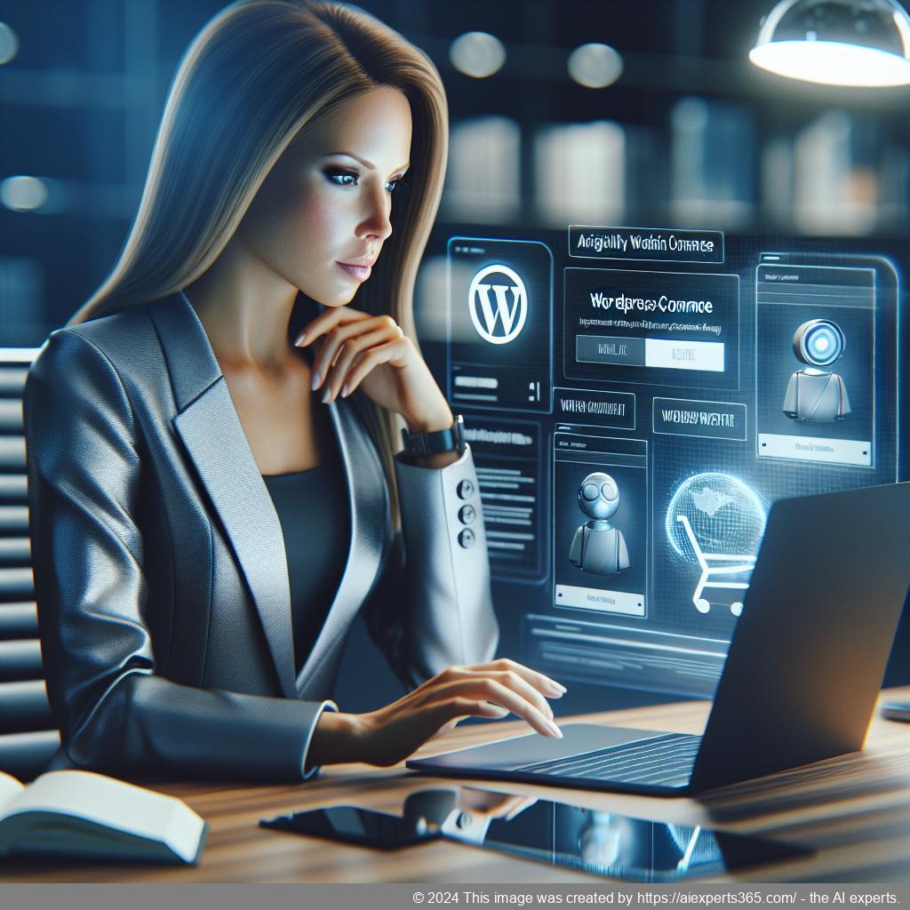A professional-looking woman interacting with an AI-driven WordPress chatbot on her laptop while browsing an online store.