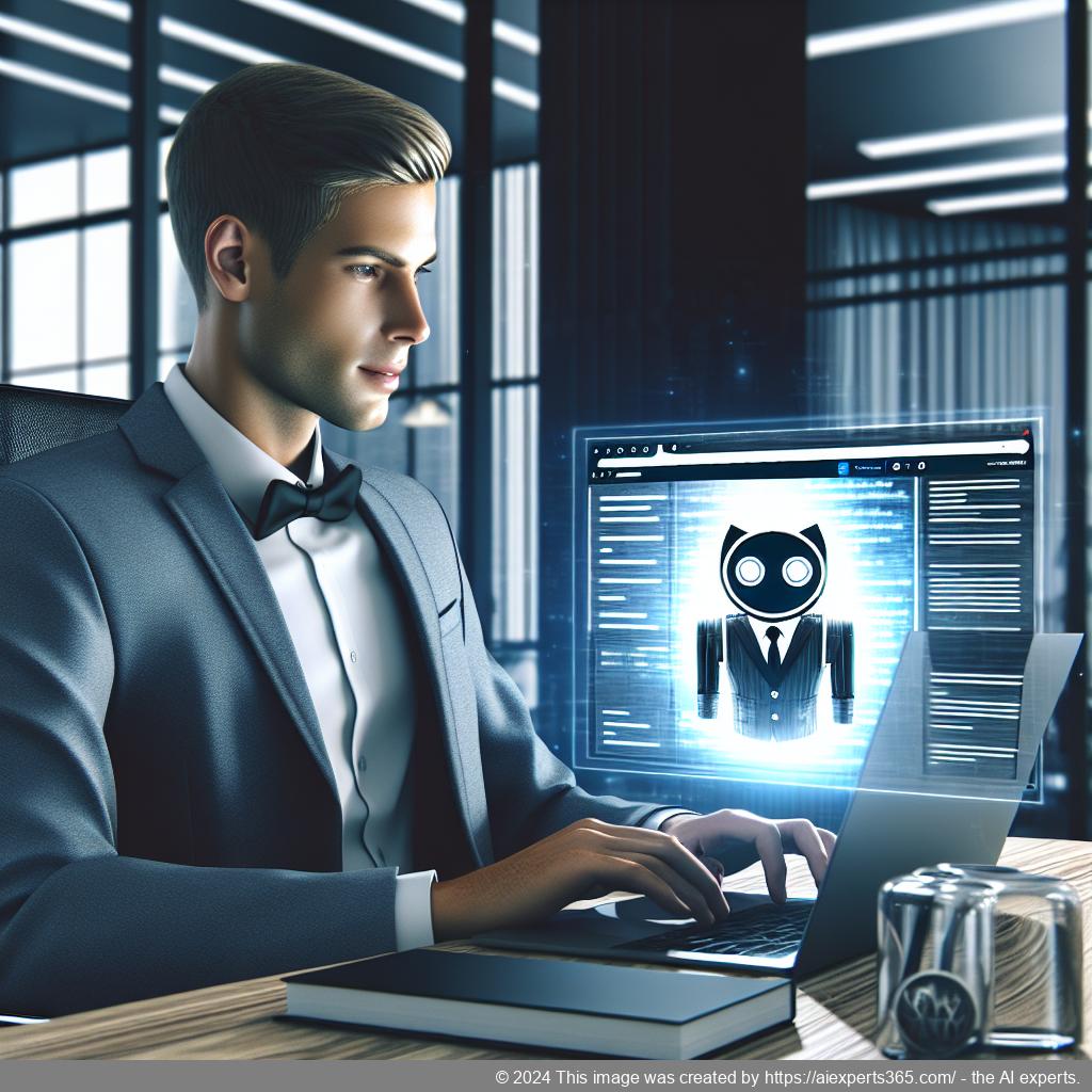 A professional-looking German or Western European individual interacting with a digital interface displaying a WordPress chatbot on their laptop.