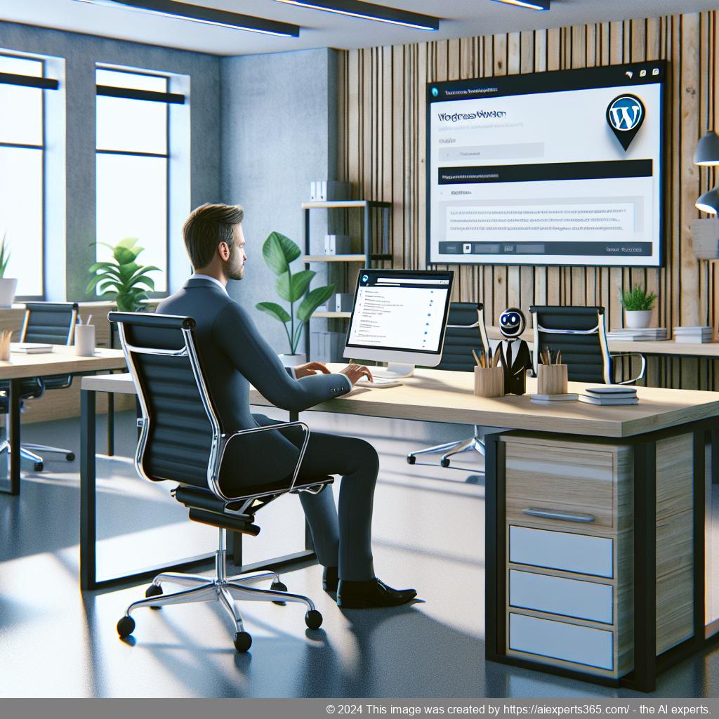 A professional-looking German businessman interacting with a responsive WordPress chatbot on his laptop screen.