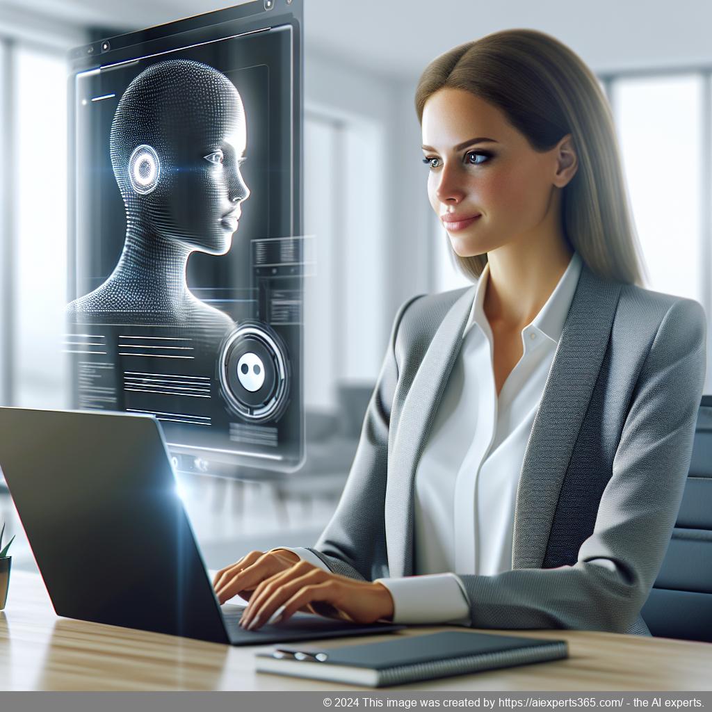 A professional-looking German woman interacting with an AI-powered chatbot interface on a laptop screen.