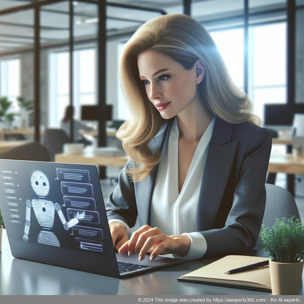 A professional-looking woman interacting with a digital interface representing a chatbot on a laptop screen in an office setting.