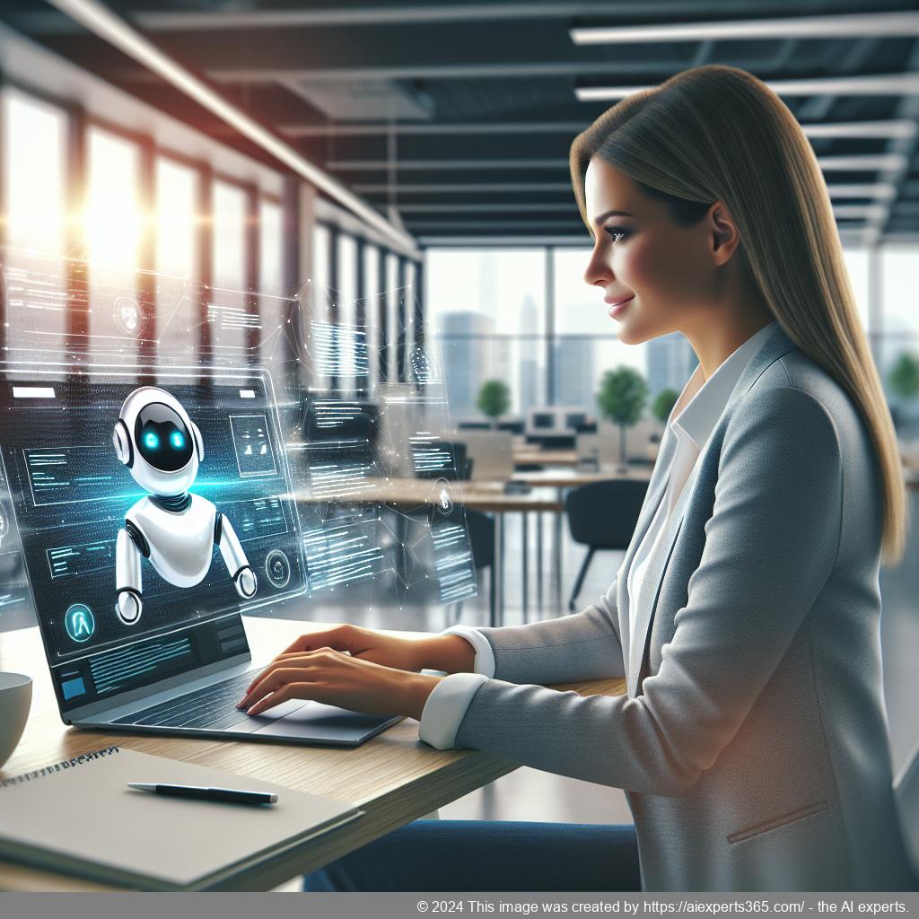 A professional showcasing the capabilities of the WordPress ChatGPT chatbot plugin on a laptop screen, emphasizing enhanced customer support.