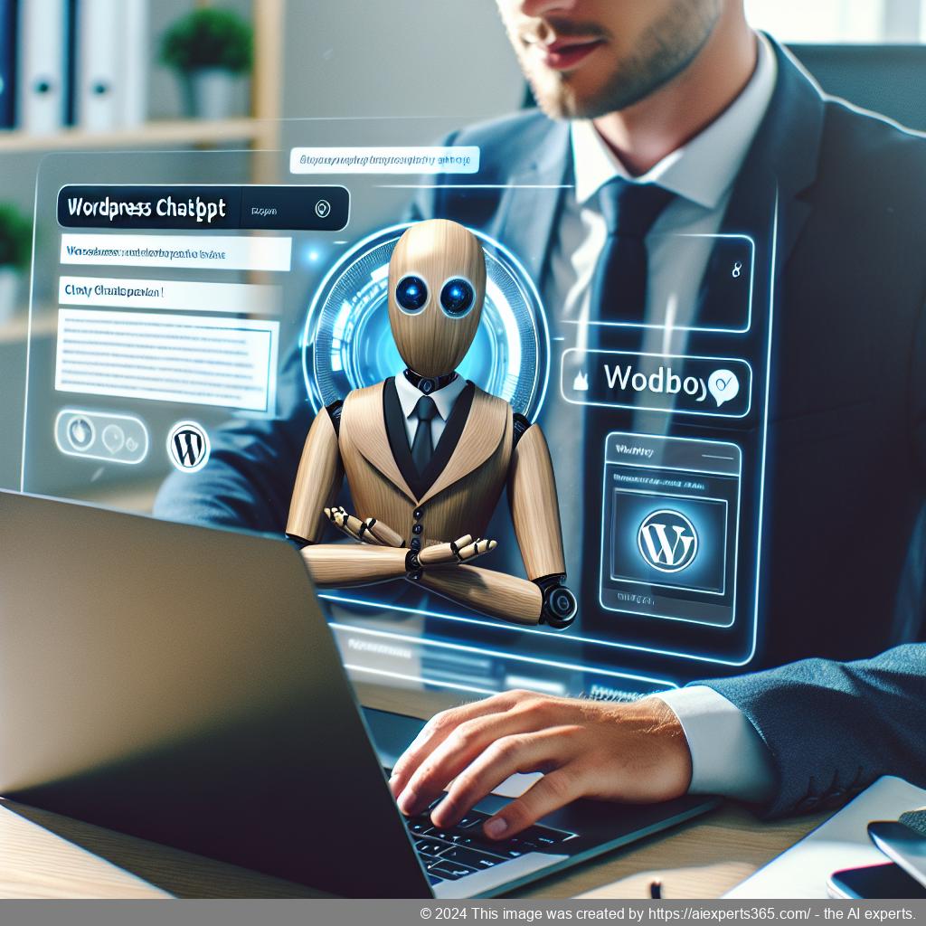 A professional looking person interacting with a computer displaying a WordPress ChatGPT chatbot interface.