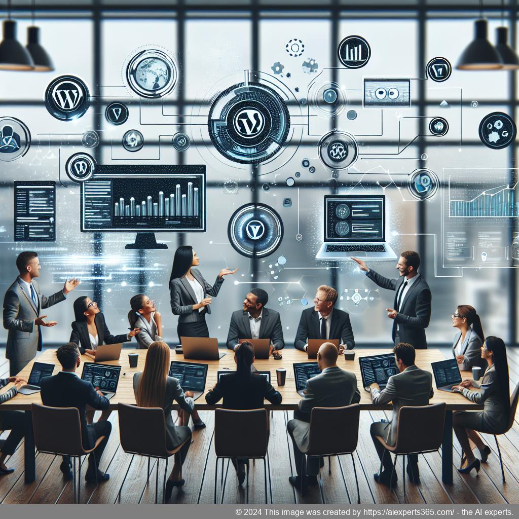 A professional setting showcasing a diverse team using a WordPress ChatGPT chatbot for enhanced customer engagement.