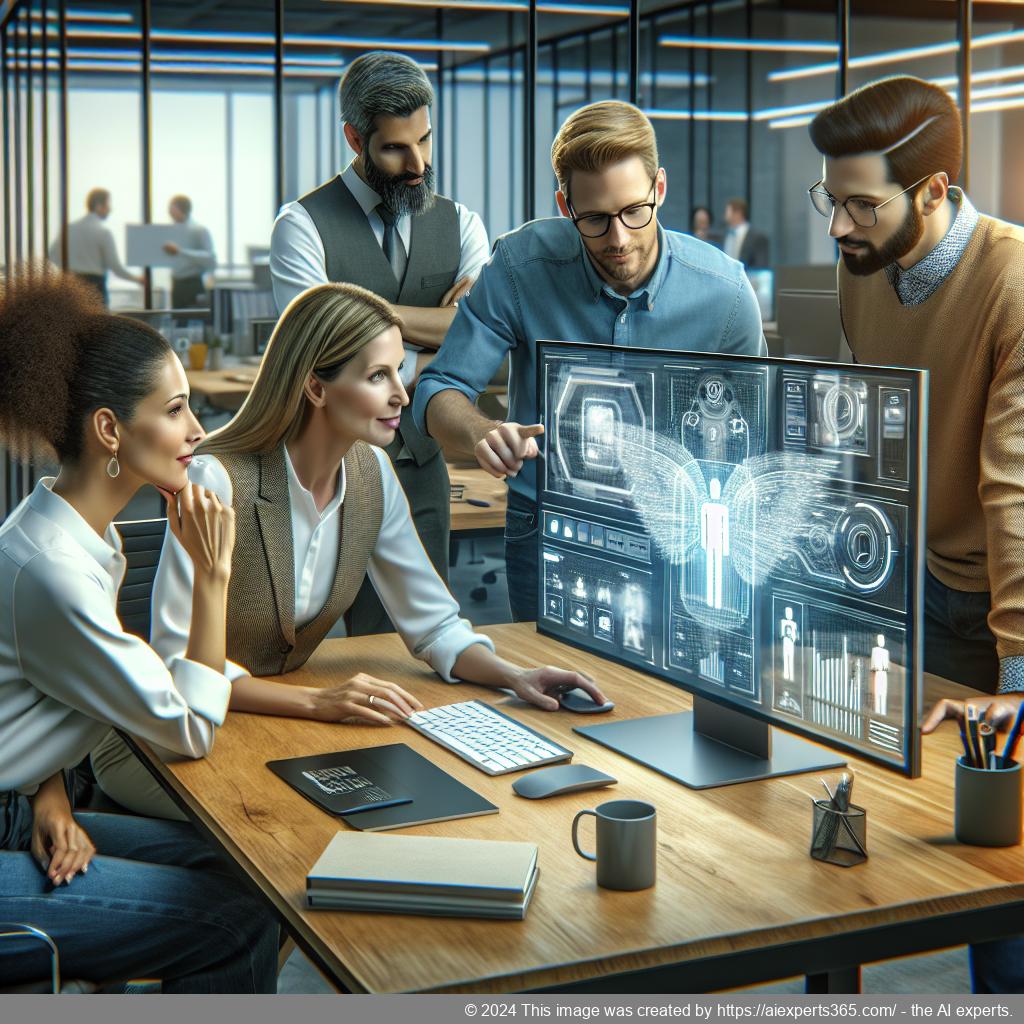 A diverse group of professionals collaborating around a computer screen while using a multi-department chatbot for enhanced productivity.