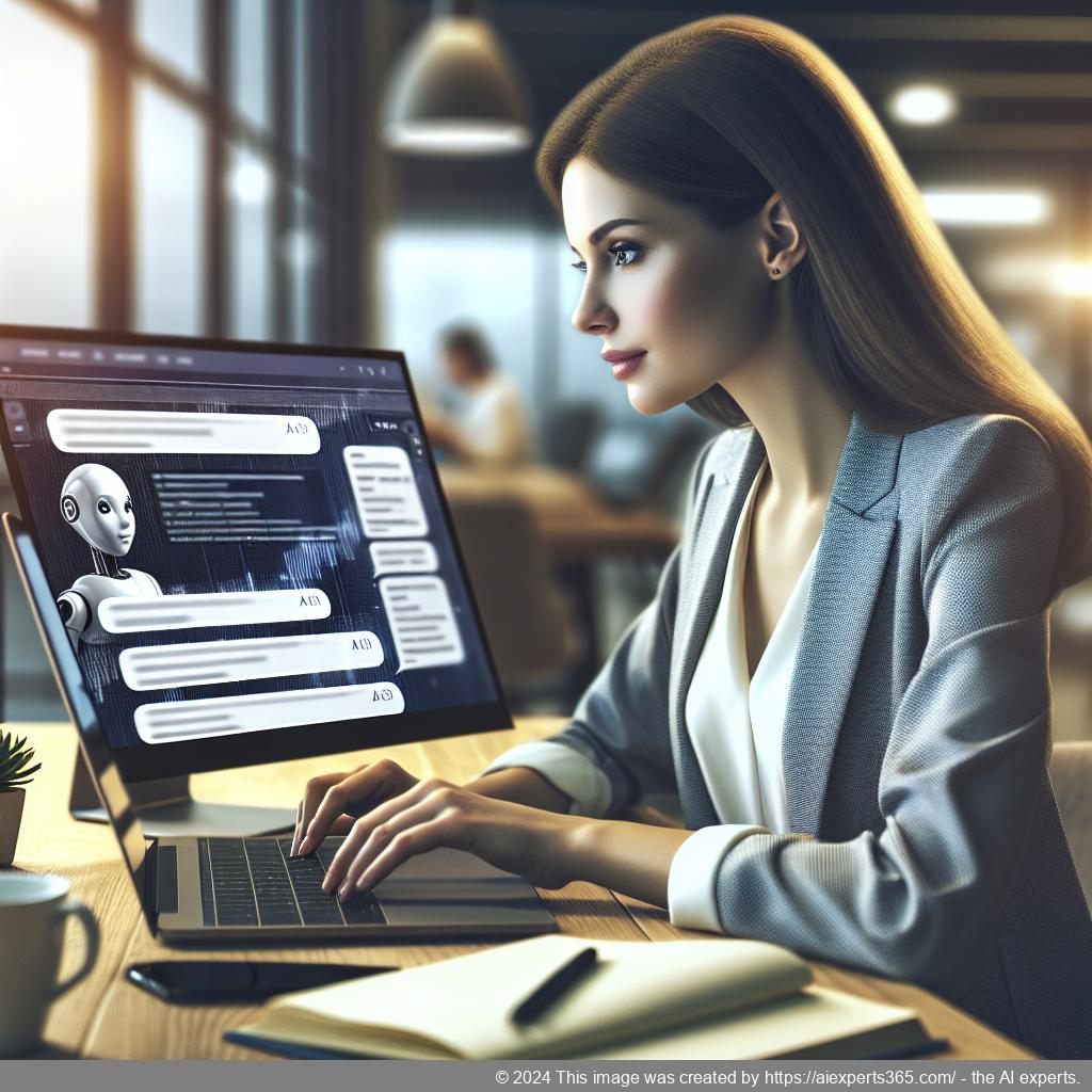 A professional-looking woman interacting with a WordPress ChatGPT chatbot interface on her laptop while smiling.