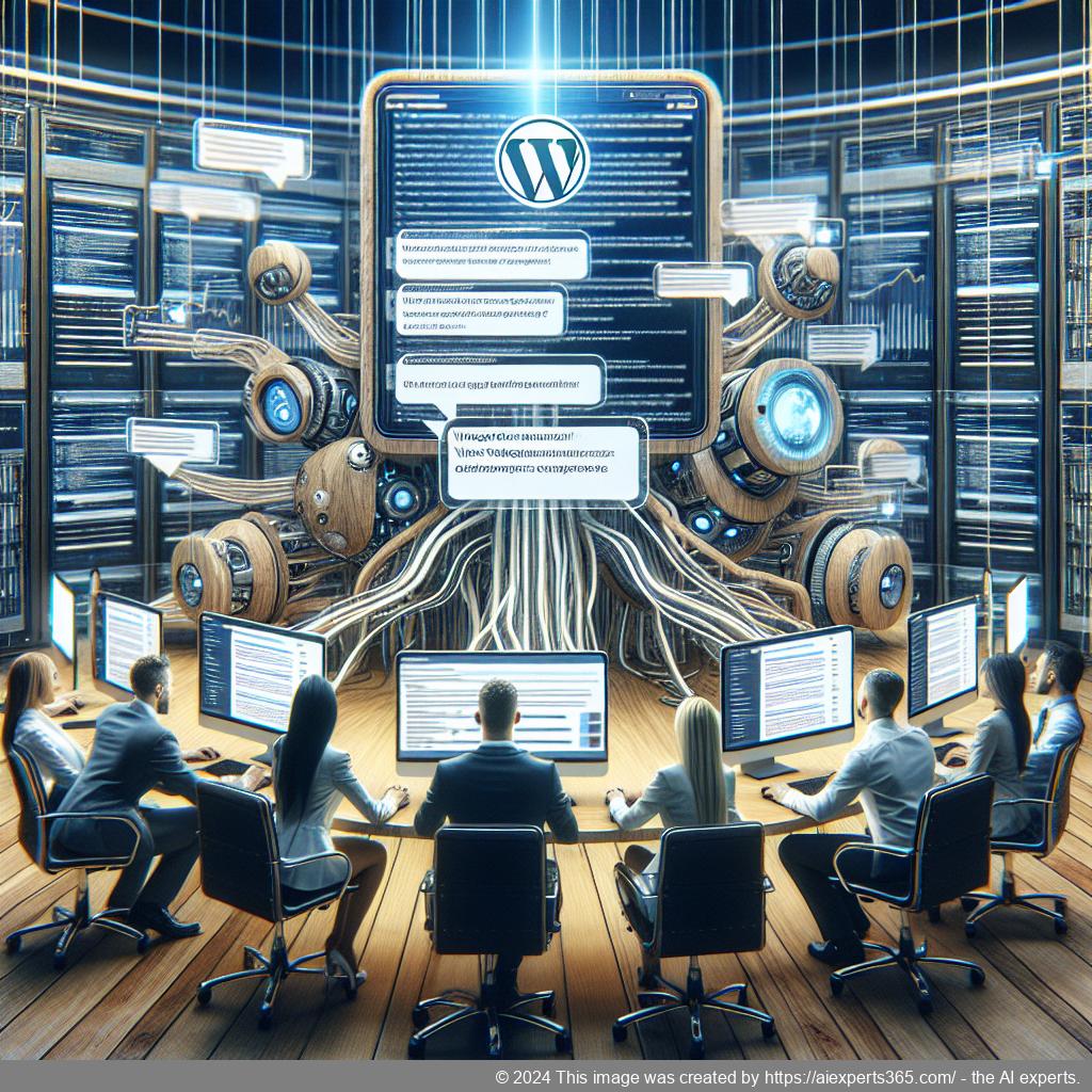 A professional setting showing a diverse group of individuals engaging with technology while discussing the implementation of a WordPress ChatGPT chatbot for enhanced customer service.