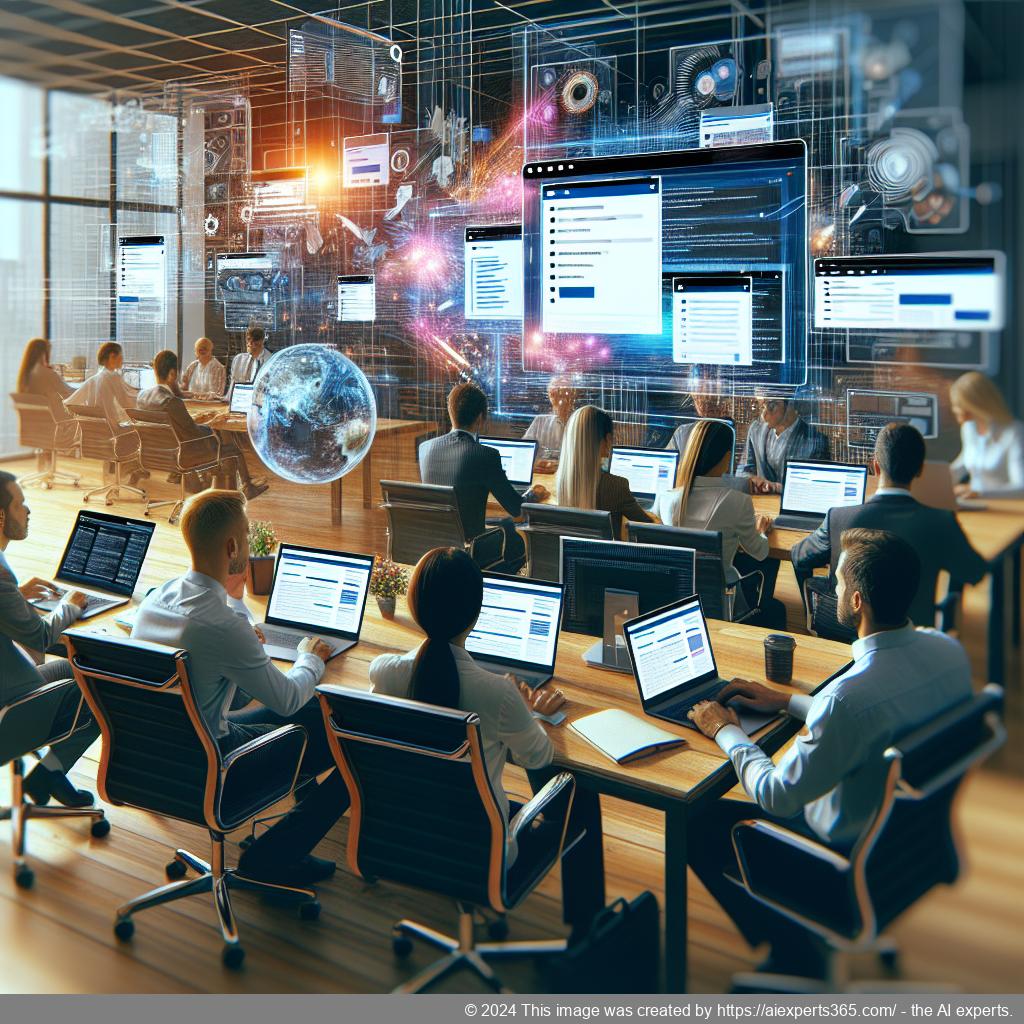 A professional setting showcasing a diverse team collaborating over a laptop featuring a WordPress site integrated with an AI-driven chatbot.