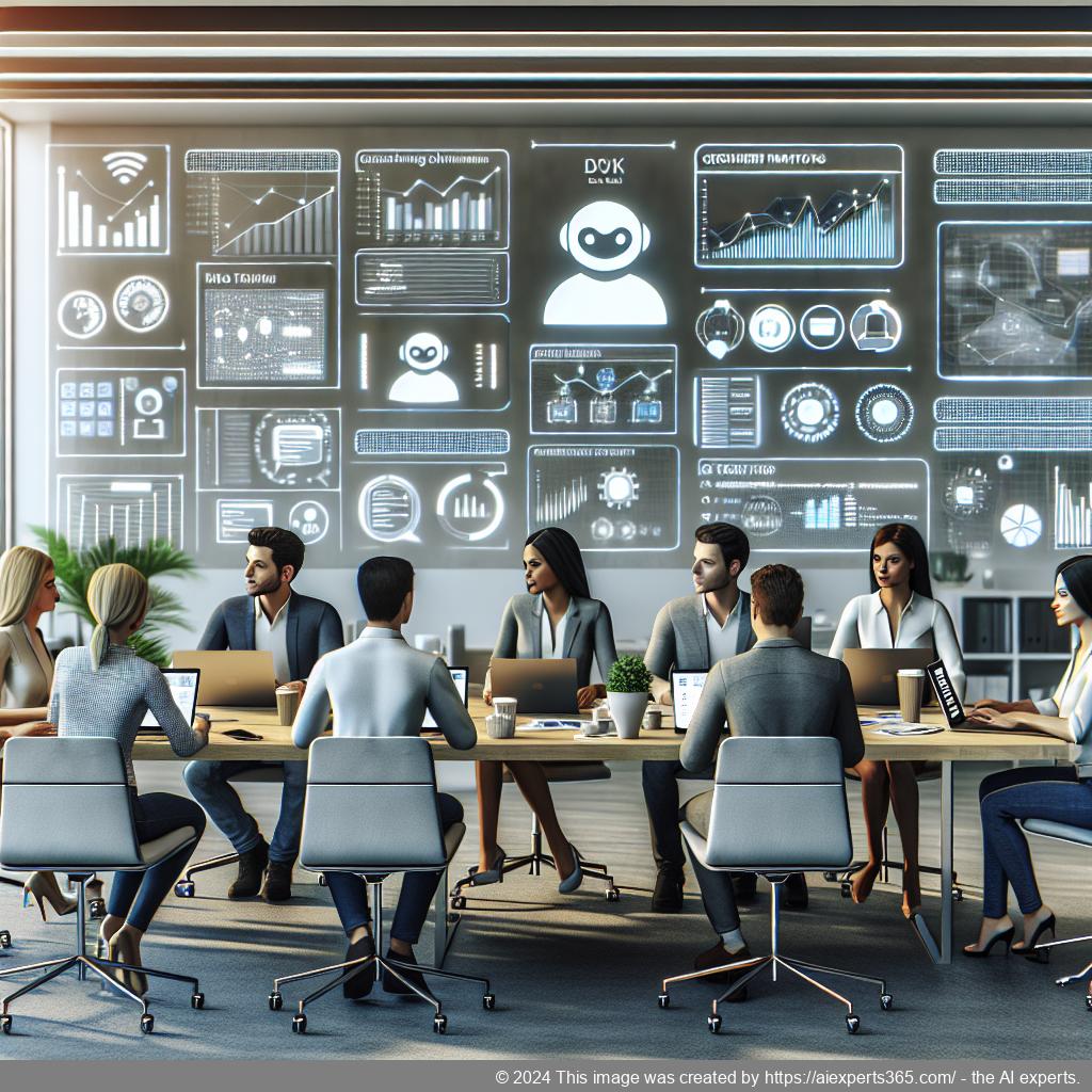 A professional team discussing strategies around a multi-department chatbot implementation for enhancing customer interactions.