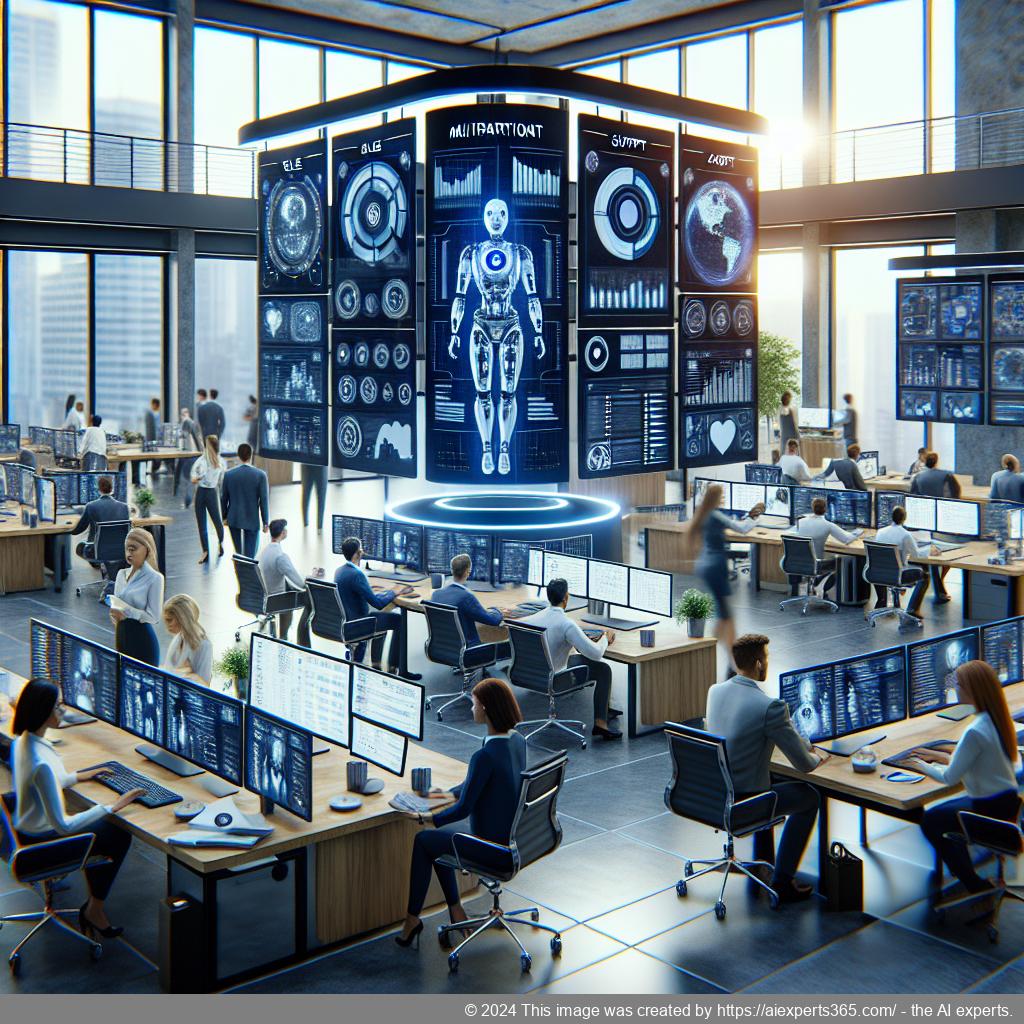 A visual representation of a multi-department chatbot assisting customers in various business functions like sales, support, and accounting.