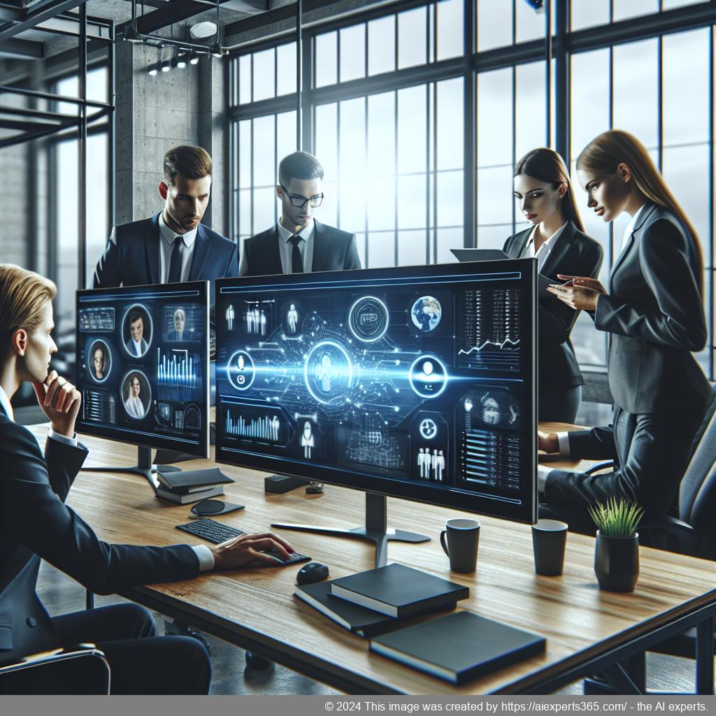 A visual representation of a diverse team collaborating around a computer displaying a multi-department chatbot interface.