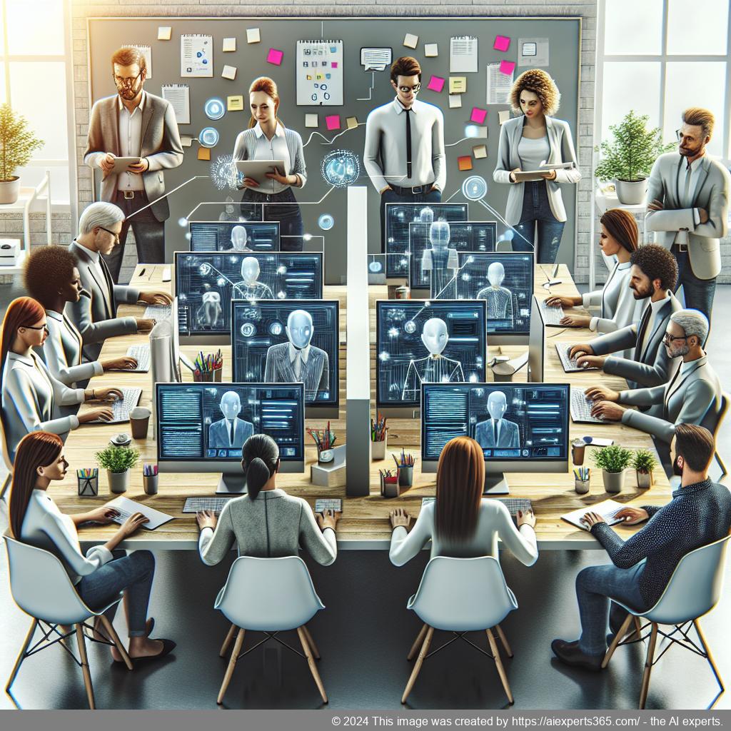 A visual representation of a multi-department chatbot assisting customers through various digital channels in a modern business environment.