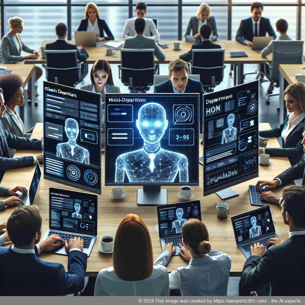 An illustration depicting an advanced multi-department chatbot facilitating seamless communication between various business departments, enhancing productivity and customer satisfaction.