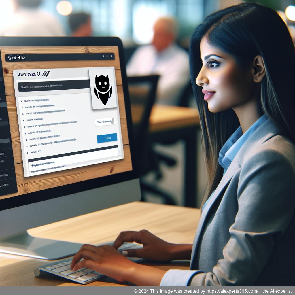 A professional setting showcasing a person interacting with a computer displaying a WordPress ChatGPT chatbot interface for enhanced user support.