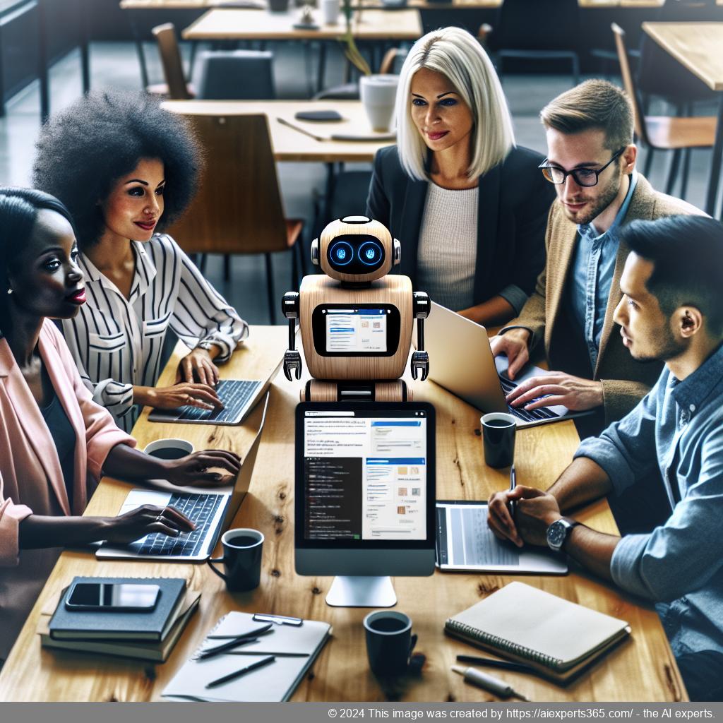 A professional setting showcasing a diverse team discussing the implementation of a WordPress ChatGPT chatbot for enhanced customer engagement.