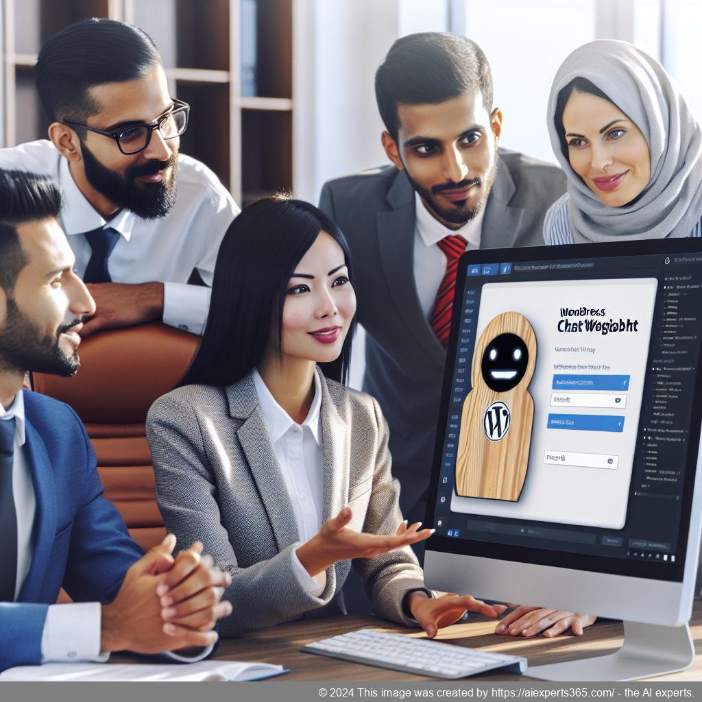 A professional setting showcasing a diverse team discussing strategies around a computer screen displaying the WordPress ChatGPT chatbot interface.
