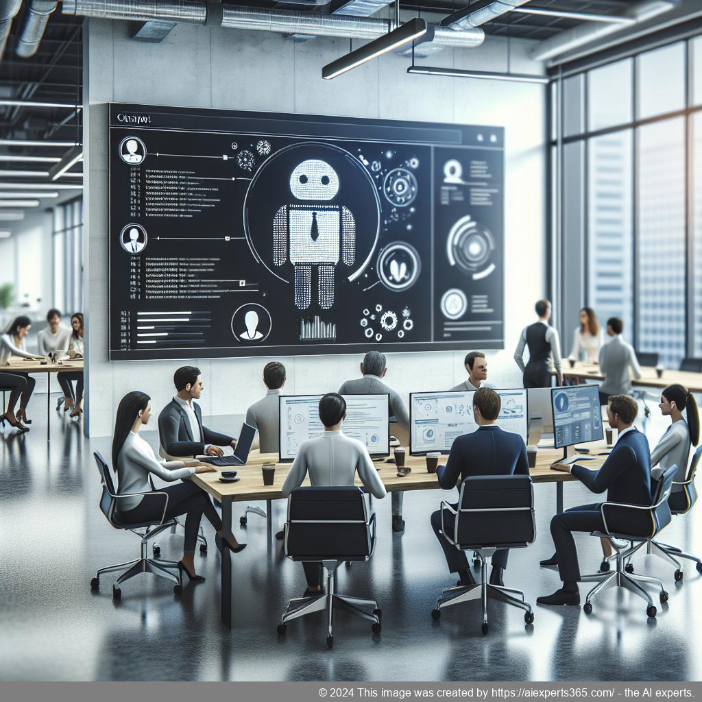 A professional setting showing a diverse team collaborating around a computer screen displaying a multi-department chatbot interface.