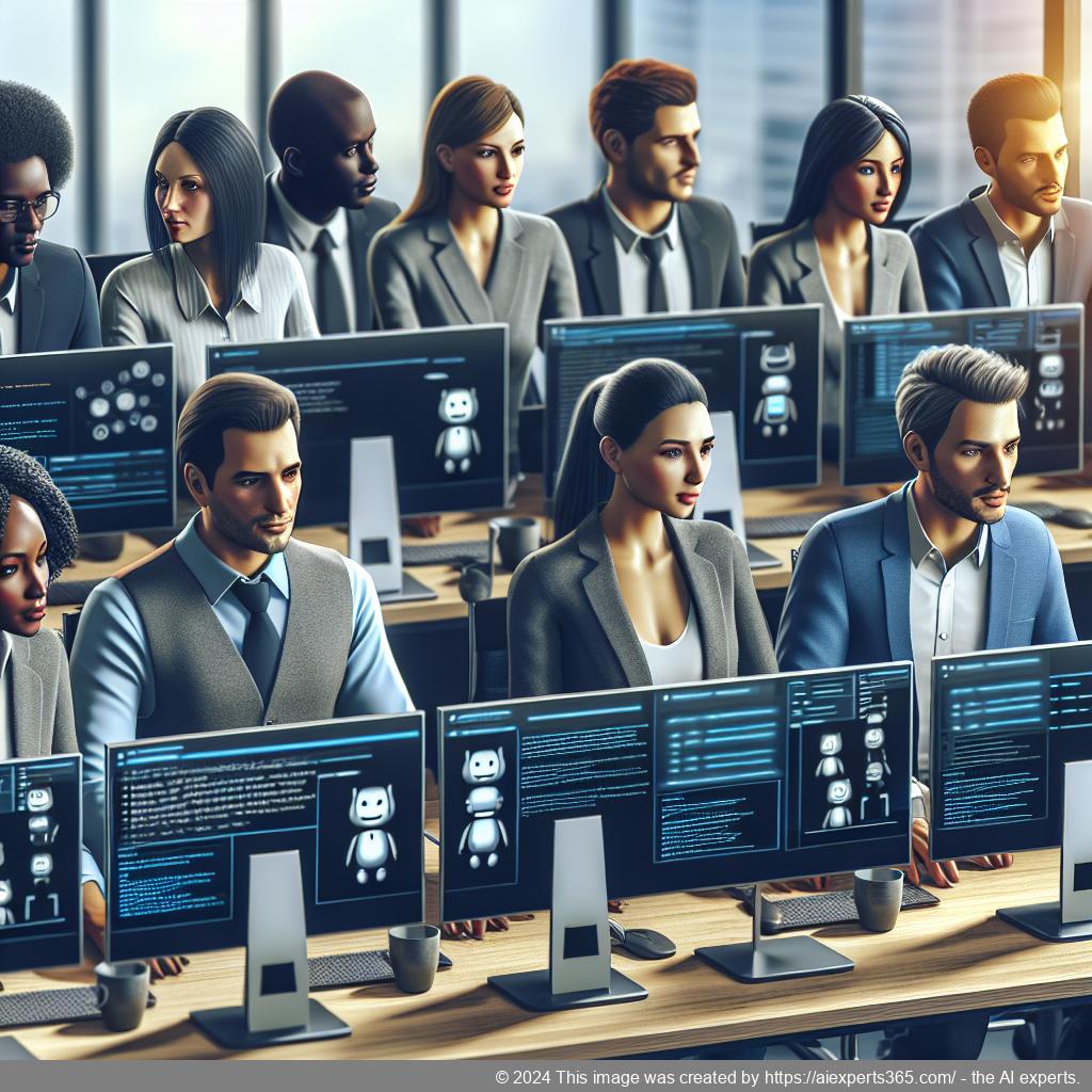 A visual representation showcasing a diverse team collaborating around a computer screen displaying a multi-department chatbot interface.