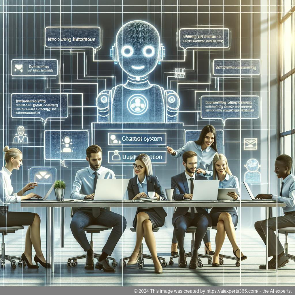 A professional setting showcasing a diverse team collaborating around technology while utilizing a multi-department chatbot for enhanced communication.