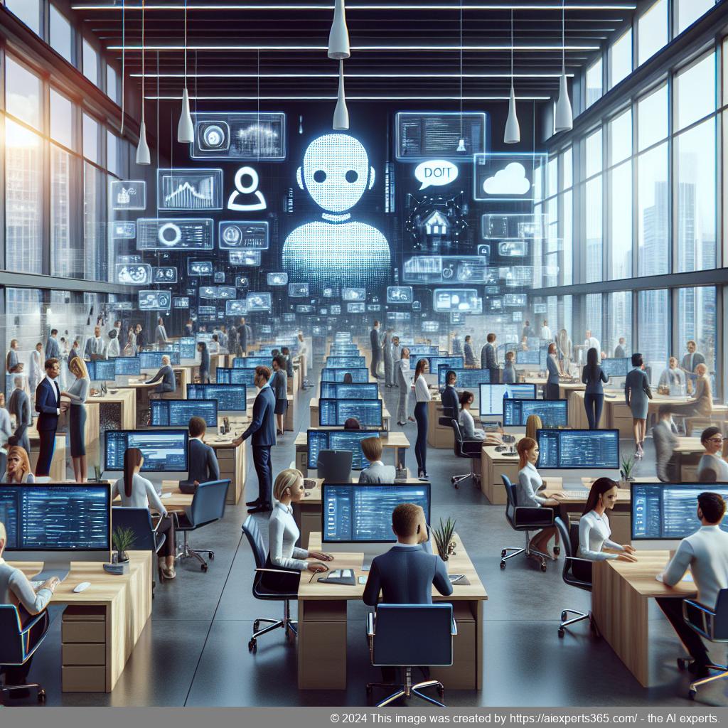 A visual representation of a multi-department chatbot assisting customers through various business functions like sales, support, and accounting.