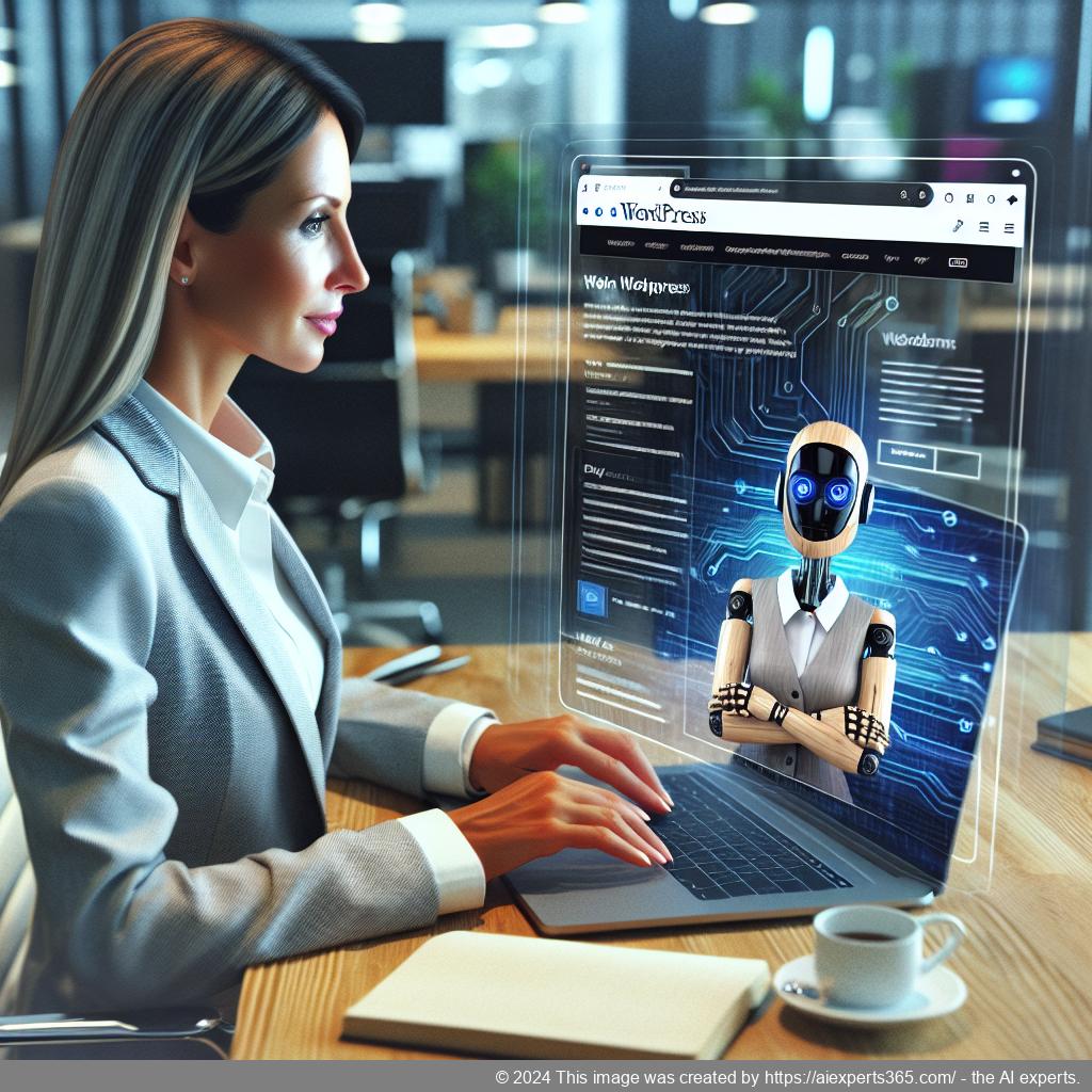 A professional-looking woman interacting with a laptop displaying a WordPress site featuring an AI chatbot interface.