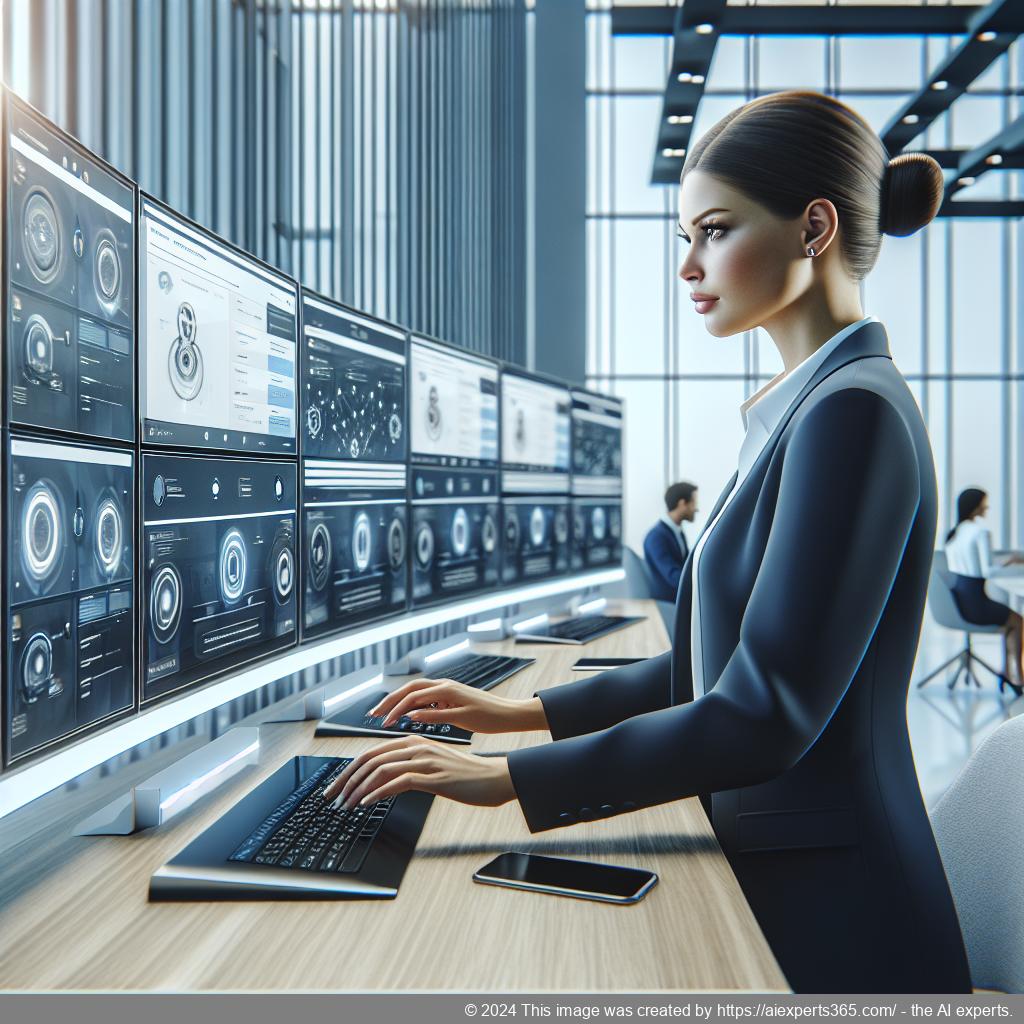 A professional setting showcasing a person interacting with an advanced WordPress AI chatbot interface on a computer screen.