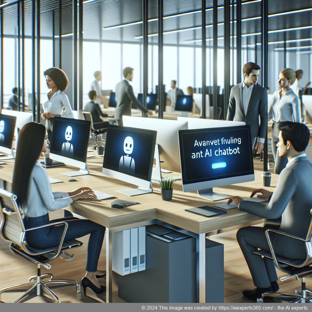A modern office setting featuring a diverse group of professionals engaging with a computer displaying an AI chatbot interface.