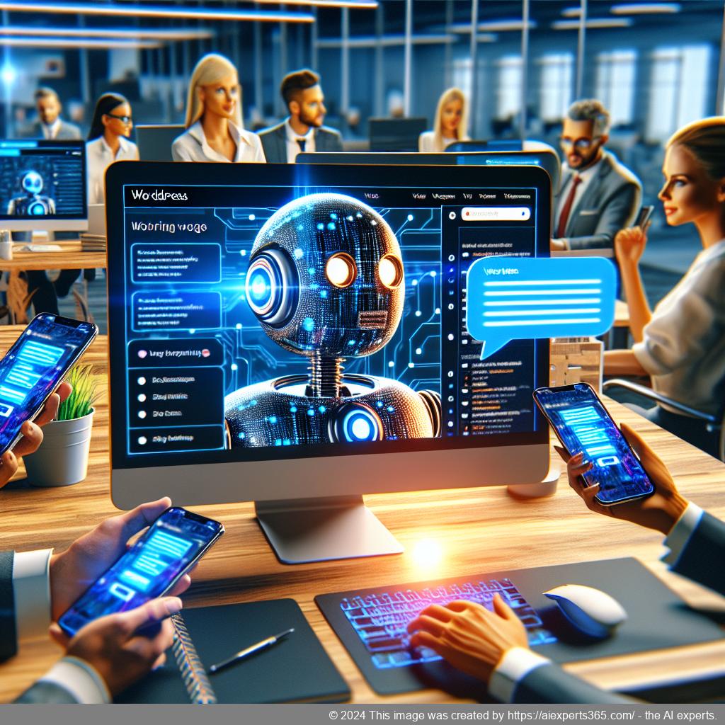 A visual representation of a modern office environment showcasing a diverse team using technology tools including a laptop displaying a WordPress site with an integrated AI chatbot.