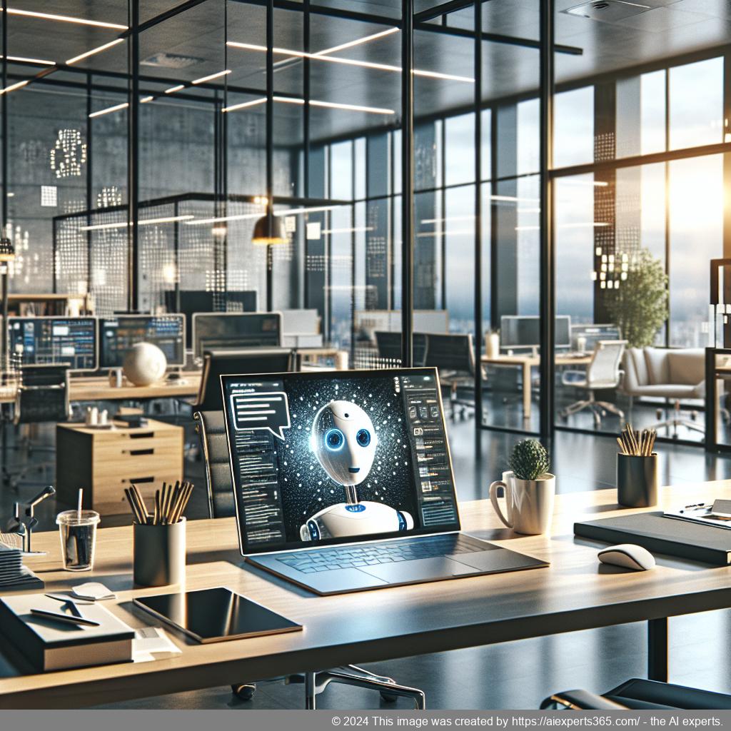 A visual representation of a professional setting featuring a German-speaking individual interacting with an advanced AI chatbot interface on a laptop.