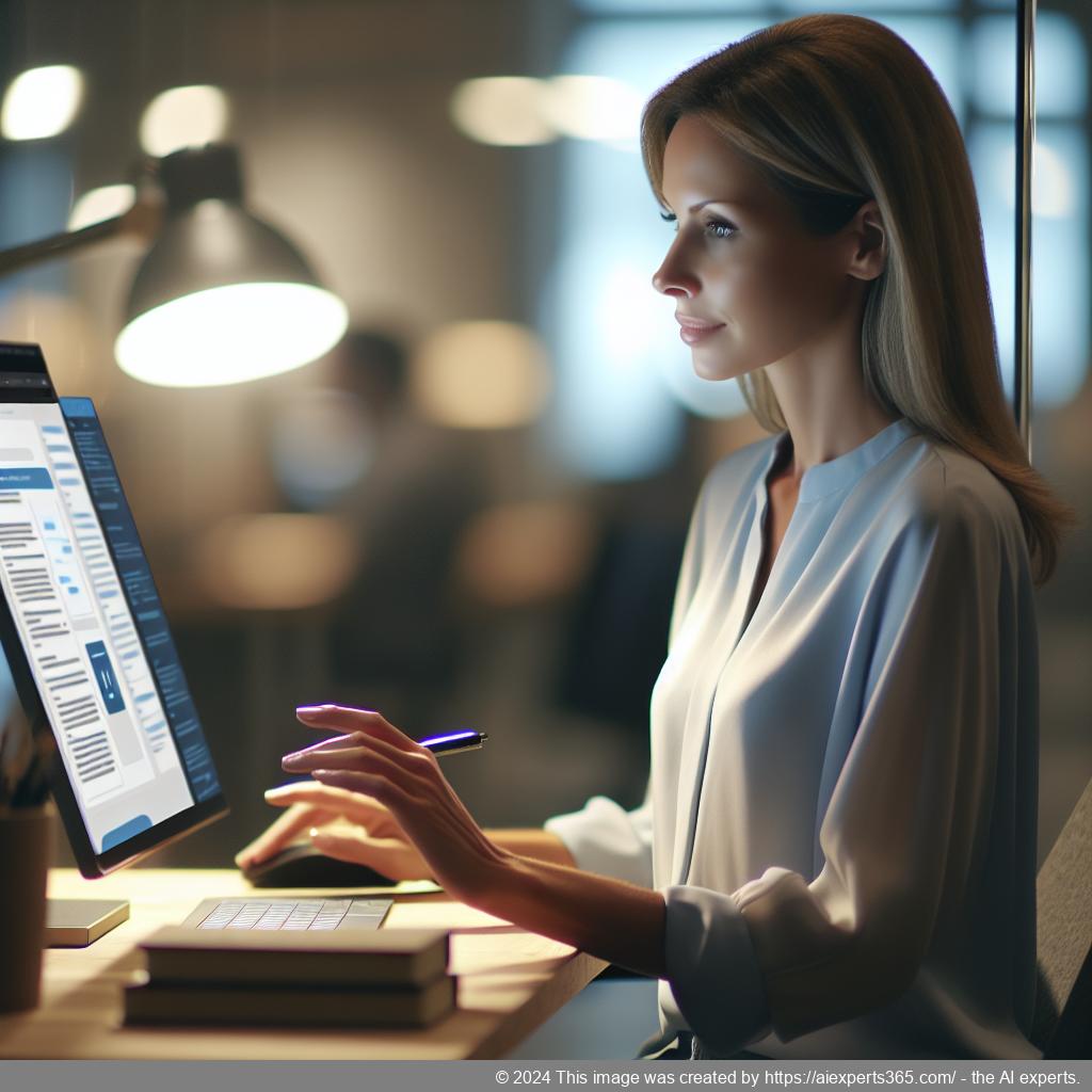 A professional-looking German woman interacting with a digital interface showcasing a WordPress AI Chatbot designed for excellent customer service.