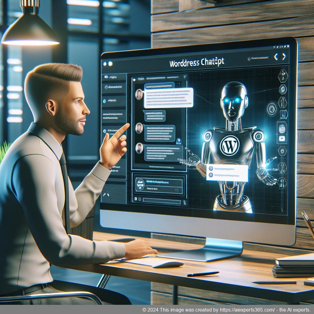 A professional setting showcasing a person interacting with a computer screen displaying the WordPress ChatGPT Chatbot interface.